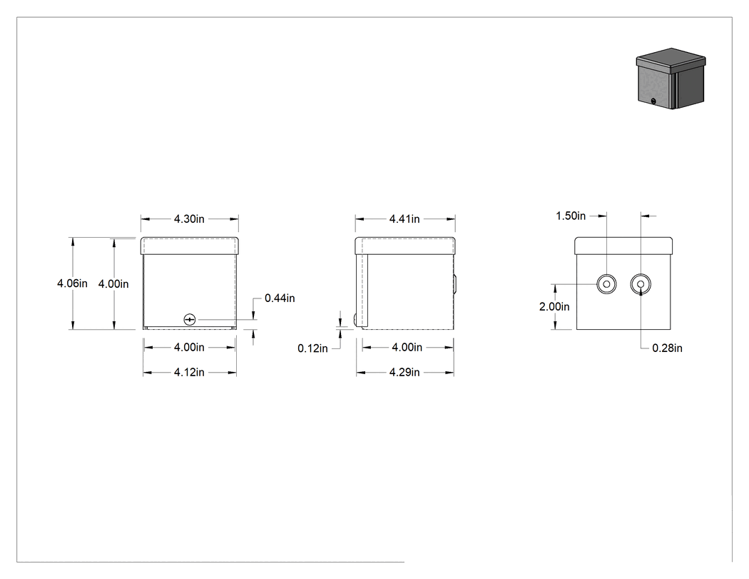 Teknik Çizim - 304 Paslanmaz Çelik Hava Koşullarına Dayanıklı Muhafaza, Çıkarılabilir Kapaklı, 4-1/4" Genişlik x 4" Yükseklik x 4" Derinlik