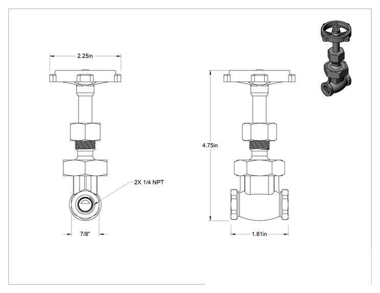 Teknik Çizim - Bronz Gövde ve Sürgülü Kademeli Açma/Kapama Vanası, Tekerlek Kolu ve Yükselmeyen Mil, Sınıf 300, 1/4 NPT Dişi