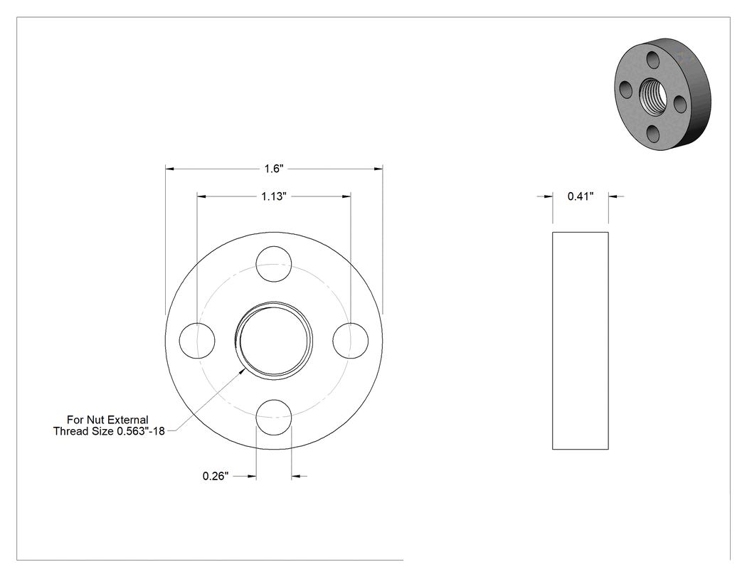 Teknik Çizim - Hassas Acme Flanş, 1215 Karbon Çelik, 9/16"-18 Diş Boyutu
