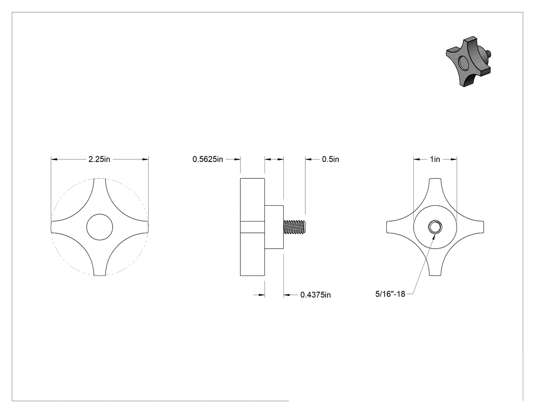Teknik Çizim - Dört Kollu Tutma Yerli Düğme, Polipropilen, 5/16"-18 Diş x 1/2" Uzunlukta Saplama, 2-1/4" Çaplı Başlık