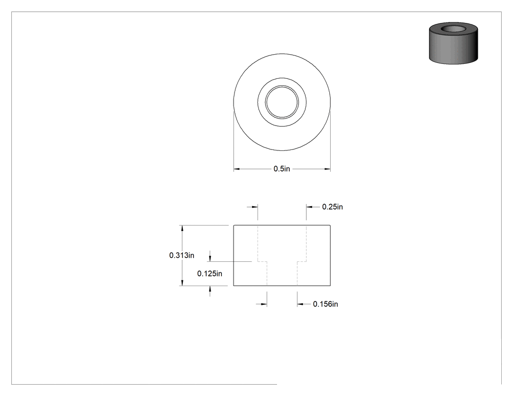 Teknik Çizim - Güçlendirilmiş Silikon Dişsiz Delikli Tamponlar, 1/2" Dış Çap, 5/16" Yükseklik