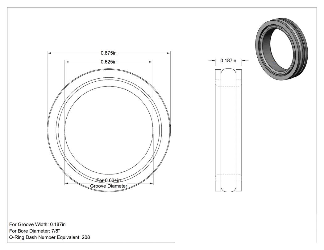 Teknik Çizim - O-Ring Yivleri için Piston Contası, Buna-N Kauçuk, 7/8" Dış Çap