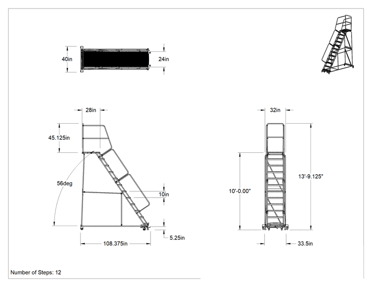 Teknik Çizim - Montajlanmamış Tırtıklı Platformlu Tekerlekli Merdiven, 12 basamaklı, 10 fit Yükseklik x 28 inç Derinlik Platform, 13'9" Toplam Yükseklik