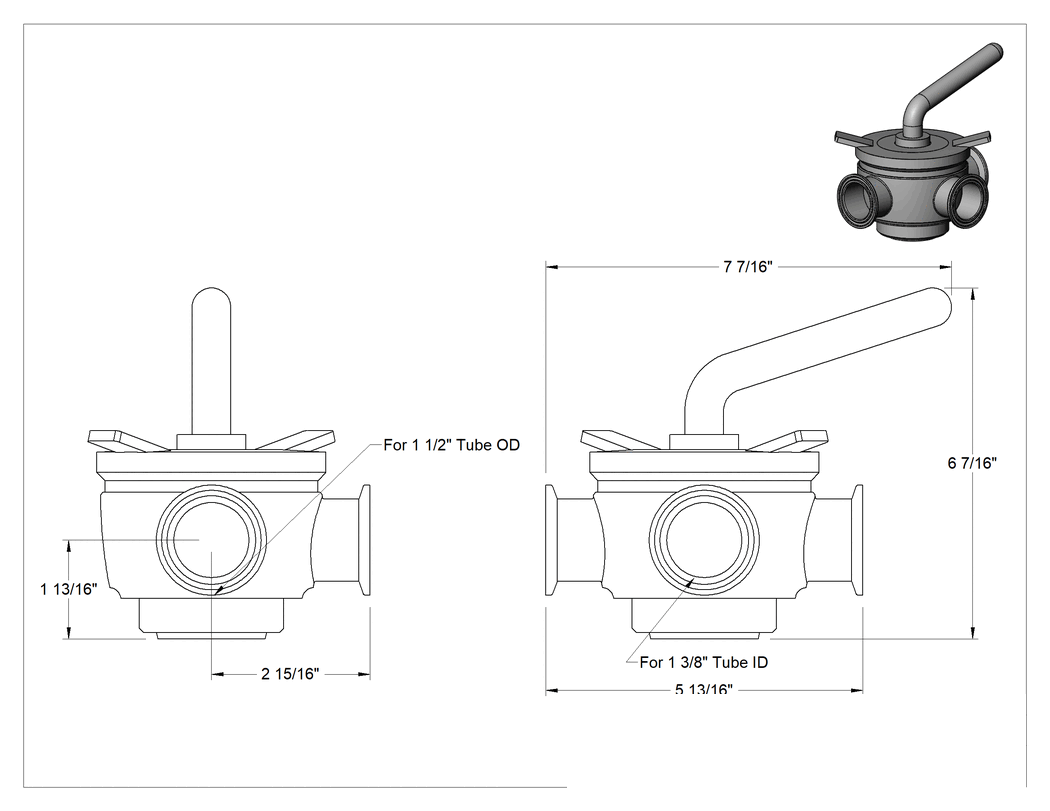 Teknik Çizim - Hijyenik Yön Değiştirme Vanası, 1-3/8" Boru İç Çapı ve 1-1/2" Boru Dış Çapı için