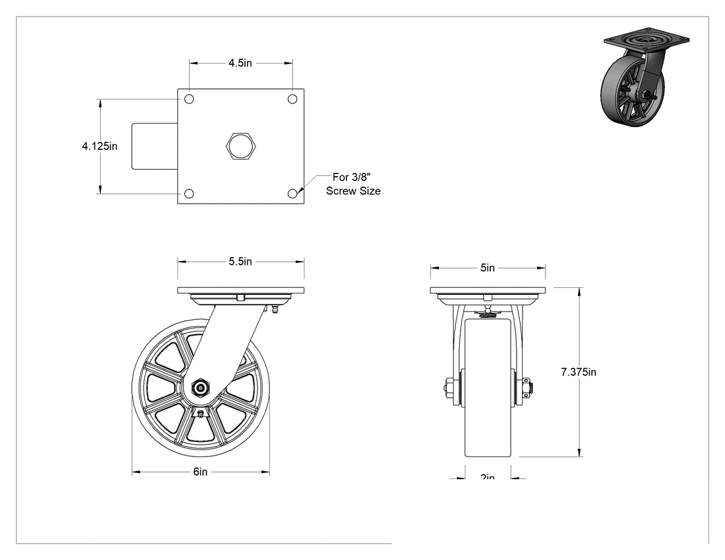 Teknik Çizim - 5-1/2" x 5" Plakalı Yüksek Kapasiteli Spartan Tekerlek, Sızdırmaz Rulmanlı ve 6" Çaplı Demir Tekerlekli Döner