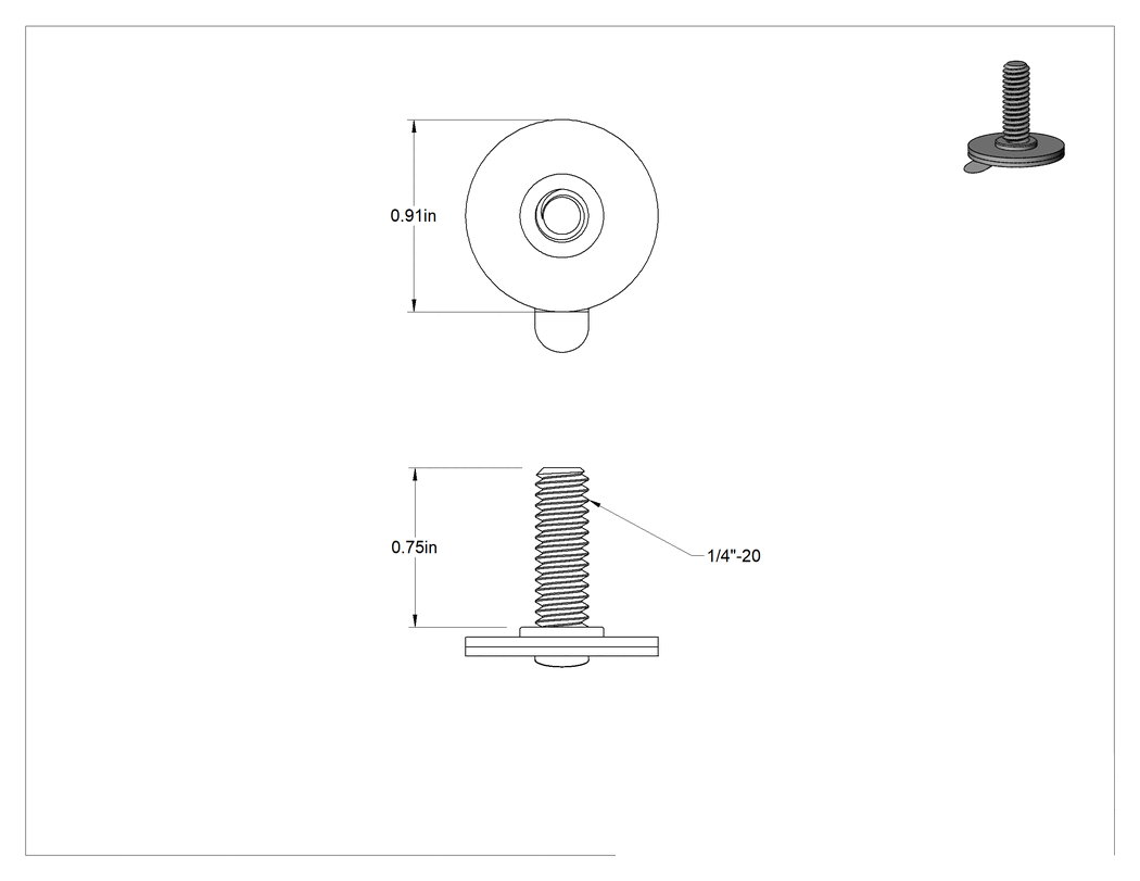 Teknik Çizim - Yapışkan Sırtlı Çinko Kaplı Çelik Saplamalar, 1/4"-20 Diş Boyutu, 3/4" Uzunluk