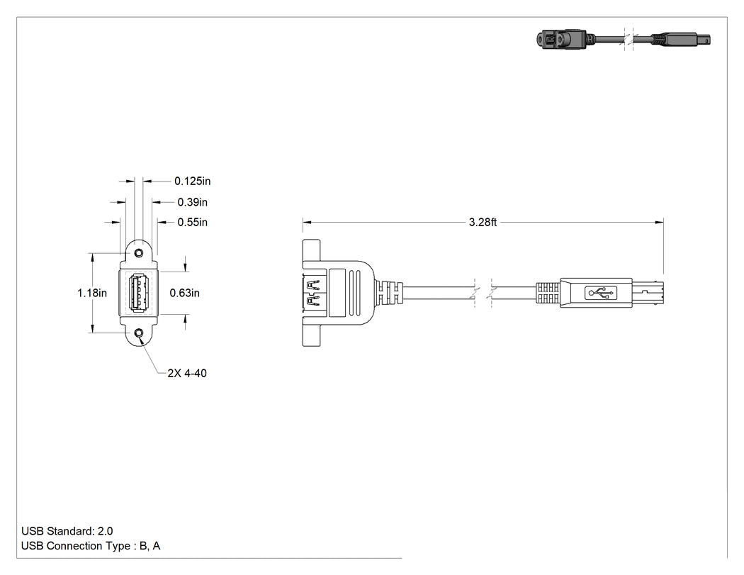 Teknik Çizim - Panele Monte USB Kablosu, USB 2.0, 2 Montaj Deliği Olan B Fiş x A Priz, 3' Uzunluk