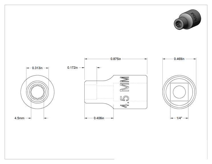 Teknik Çizim - 12 Uçlu Standart Lokma Anahtarı, Krom, 1/4" Tahrik, 4.5 mm Boyut