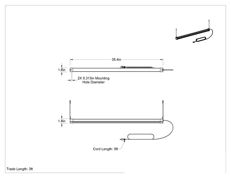 Teknik Çizim - Takılabilir Tavan Işığı, Tavan Montajı, 35-3/8" Uzunluk x 1-5/8" Genişlik Toplam