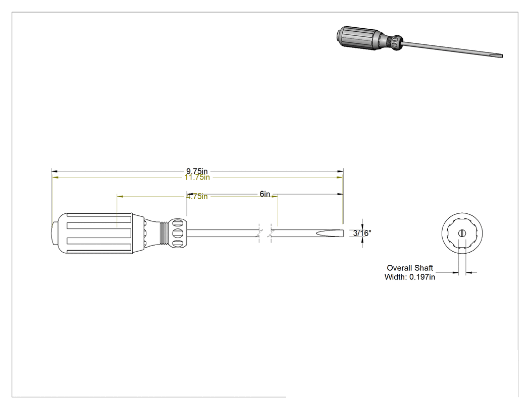 Teknik Çizim - Yastıklı Tutamaklı Tornavida, Değer, 3/16" Yivli Tahrik, 9-3/4" Toplam Uzunluk