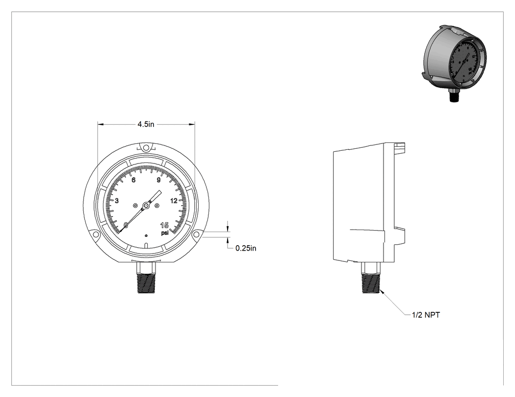 Teknik Çizim - Basınç Test Göstergesi, Titreşime Dayanıklı, Sertifikalı, Tek Ölçek, 1/2 NPT, 0-15 PSI