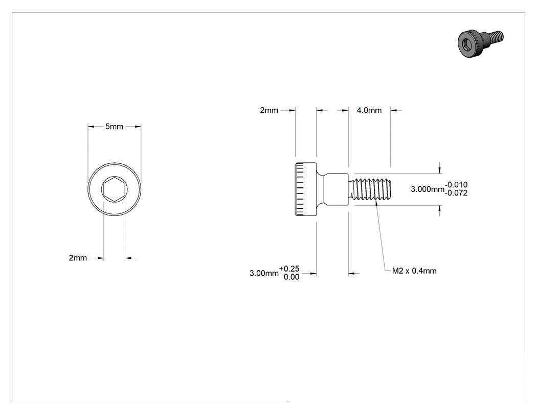 Teknik Çizim - 316 Paslanmaz Çelik Omuzlu Vida, Siyah Oksit, 3 mm Çap x 3 mm Uzunluk Omuz, M2 x 0.4 mm Diş