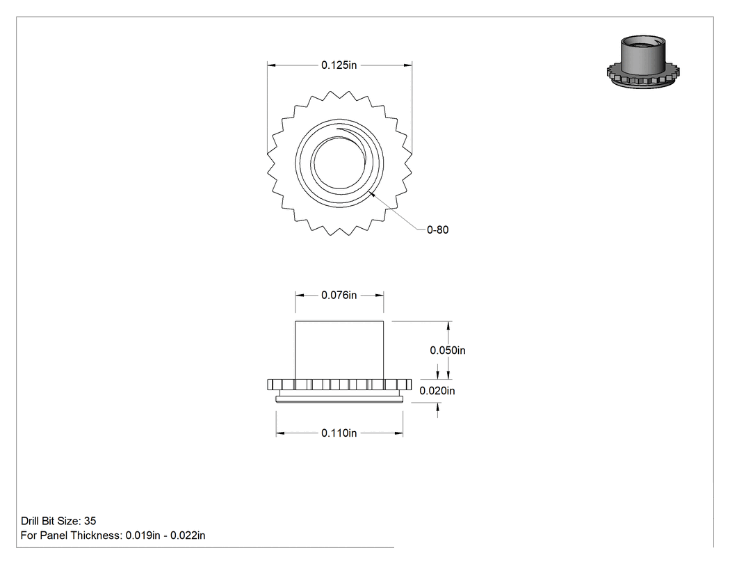 Teknik Çizim - 18-8 Paslanmaz Çelik Sac Metal için Dar Pres Kafes Somunlar, 0-80 Diş Boyutu, 0.019" ila 0.022" Panel Kalınlığı için