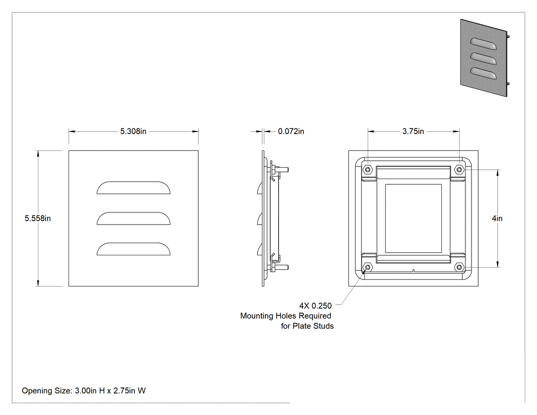 Teknik Çizim - Muhafazalar için Hava Koşullarına Dayanıklı Panjurlar, Gri Toz Boyalı Çelik, 2-3/4" Genişlik x 3" Yükseklik Açıklık için