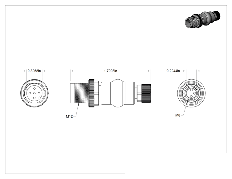 Teknik Çizim - 3 Kutuplu M12 Konektör x 3 Kutuplu Nano M8 Soket