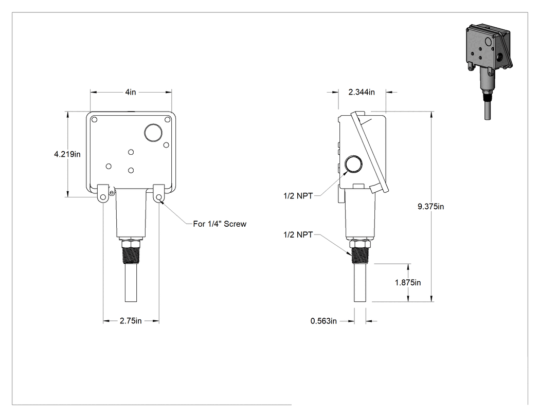 Teknik Çizim - Yıkanabilir Sıcaklık Anahtarları, 1/2 NPT Erkek, 0° ila 225°F, 1 Çalıştırma Noktası