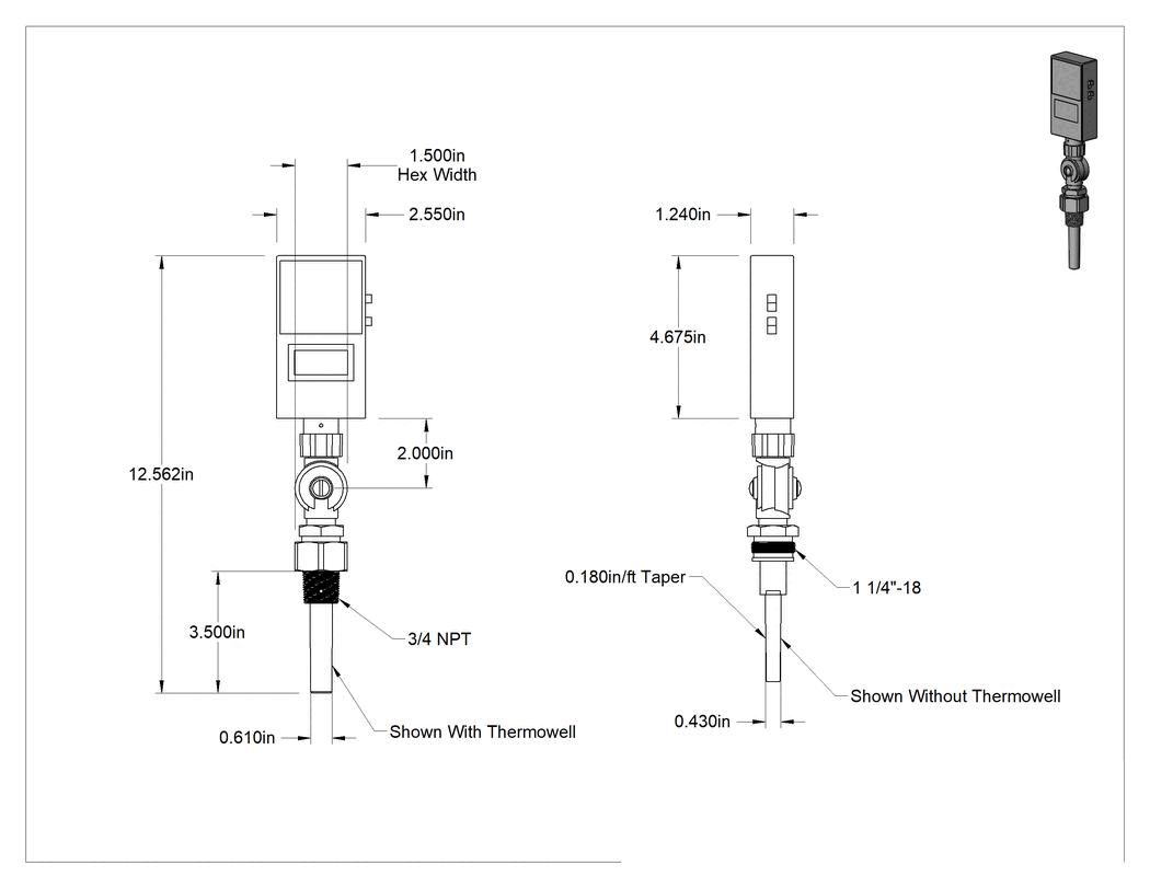 Teknik Çizim - Ayarlanabilir Açılı Güneş Enerjili Termometre, Çıkarılabilir Termovelli, 3-1/2" Uzunlukta Gövde