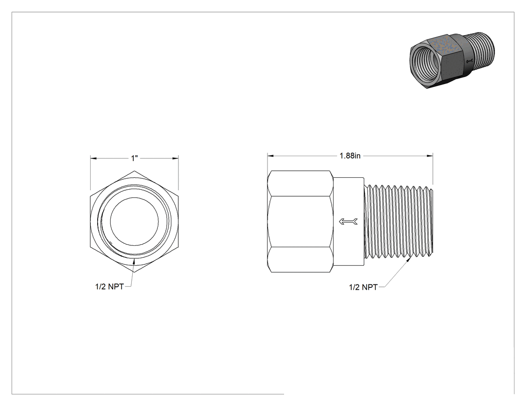 Teknik Çizim - 303 Paslanmaz Çelik Dişli Çekvalf, 1/2 NPT Erkek x Dişi
