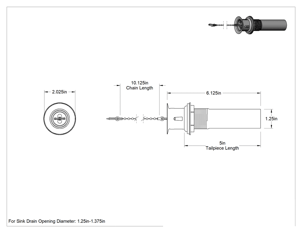Teknik Çizim - Taşmayı Önleyen Lavabo Tahliyeleri, Kauçuk Tıpalı, Çekme Zinciri ve 1-1/4" x 5" Uç Parçası