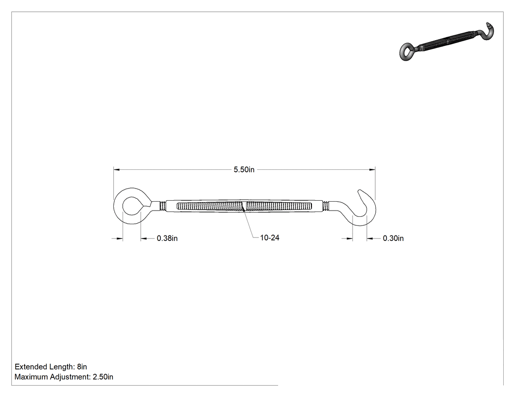 Teknik Çizim - 316 Paslanmaz Çelik Gerdirme - Kaldırma Amaçlı Değil, Kanca-Göz, 100 lbs. Kapasite, 5-1/2" Geri Çekilmiş Uzunluk
