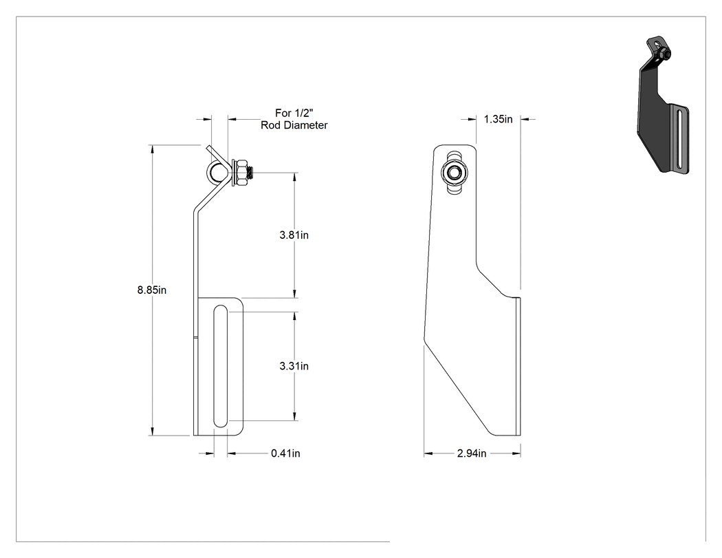 Teknik Çizim - Yatay Çubuk için Paslanmaz Çelik Braket, 2.94" Genişlik
