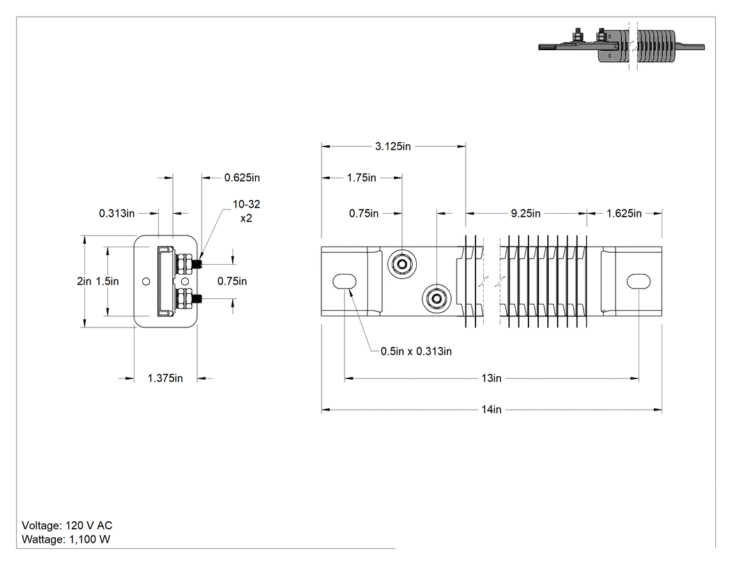 Teknik Çizim - Kanal için Kanatlı Şerit Isıtıcı, Fırınlar, ve Kurutucular, 120V AC, Ofset Vidalı Terminaller, 1100W