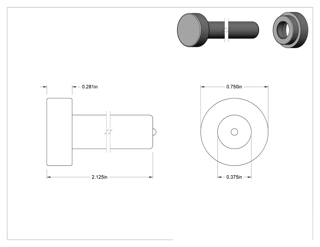 Teknik Çizim - Beton için Kaynaklı Ankraj, 3/8" Çap, 2-1/8" Uzunluk