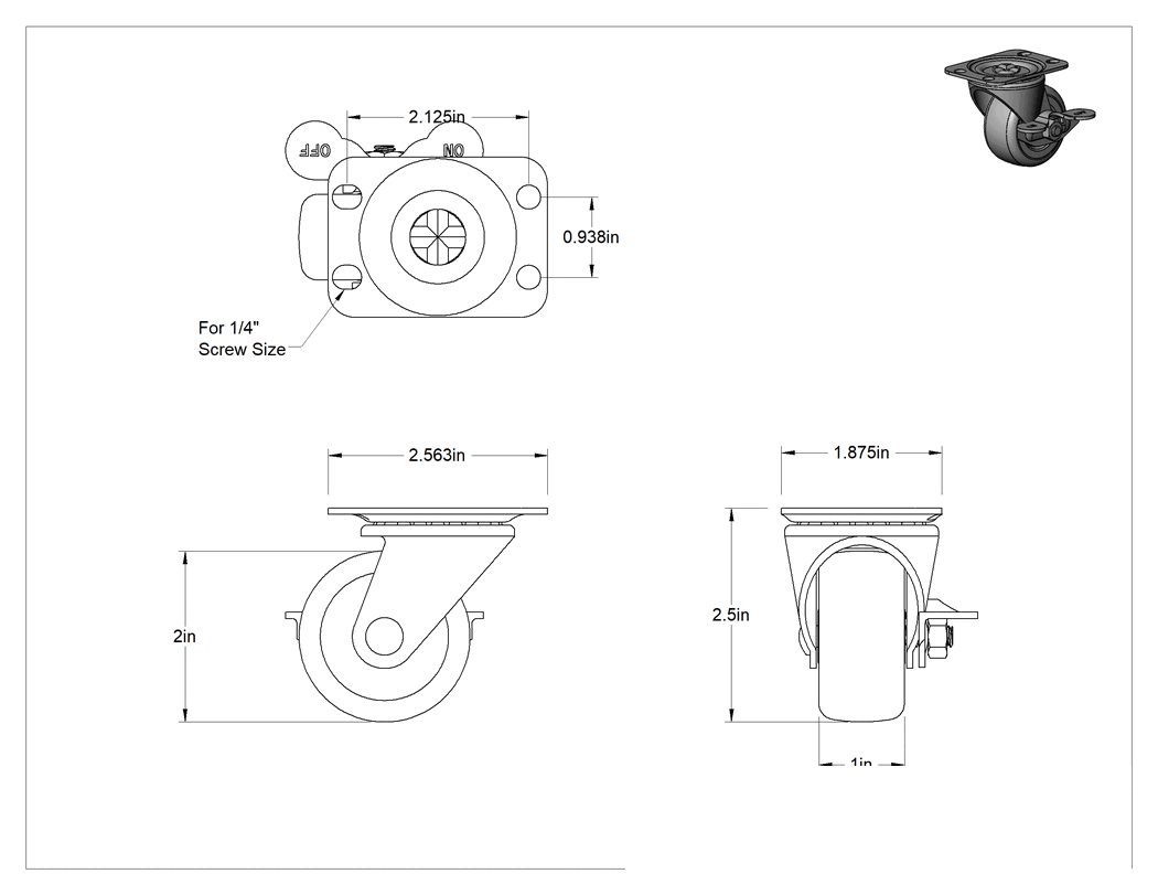 Teknik Çizim - Cart-Smart Tekerlek, Frenli ve 2" Çapında 60D Durometre Polipropilen Tekerlekli Döner Tekerlek