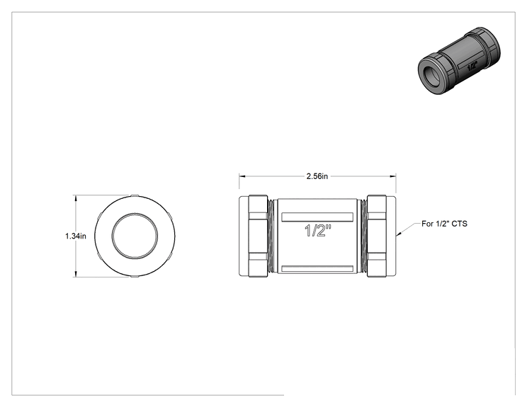 Teknik Çizim - Kelepçeli Bağlantı Parçası, 1/2 Bakır Boru Boyutu ve 5/8" Boru Dış Çapı için, 2-9/16" Uzunluk
