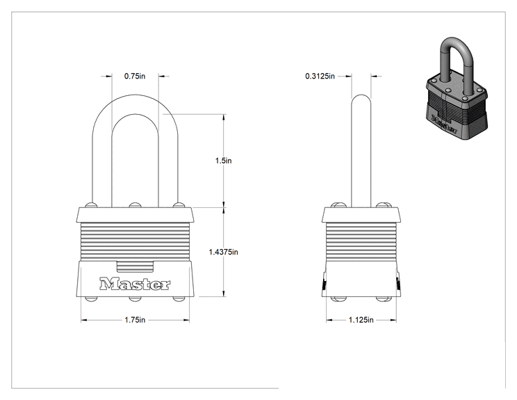 Teknik Çizim - Lamine Çelik Gövdeli Asma Kilit, 1-1/2" Dikey Boşluklu, Master Lock 81 Aynı Anahtarlı
