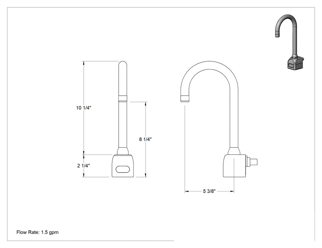 Teknik Çizim - Dokunmasız Lavabo Bataryası, Akülü, Arka Giriş, 1.5 gpm, 5-3/8" Uzunluklu Ağızlık