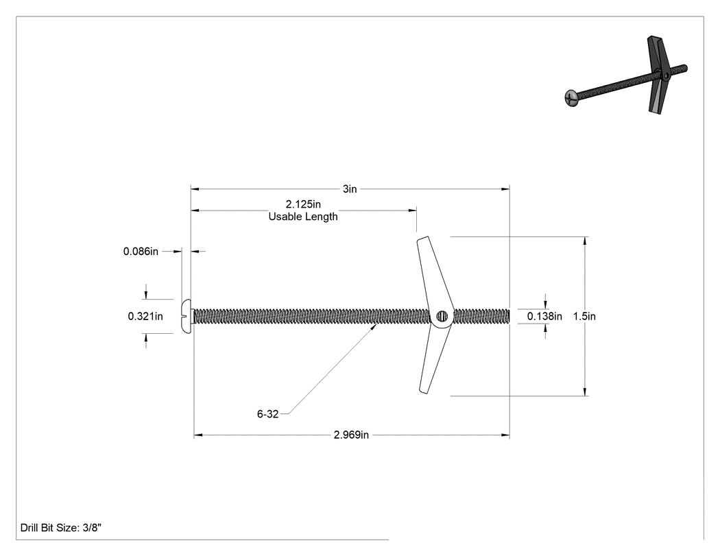 Teknik Çizim - Alçıpan için Kelebek Cıvata Ankrajları, Düşük Profilli, 1/8" Çap, 3" Uzunluk