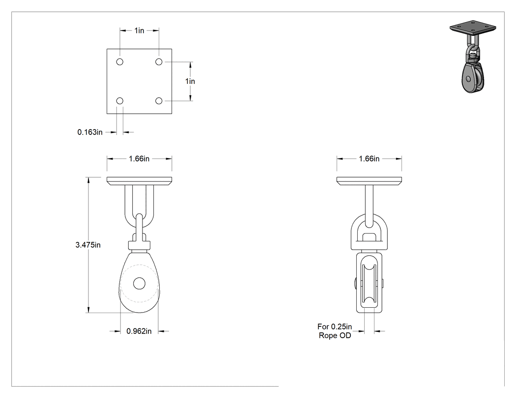 Teknik Çizim - Yatay Çekme için Halatlı Montajlı Kasnak, Demir, 1/4" Çap için