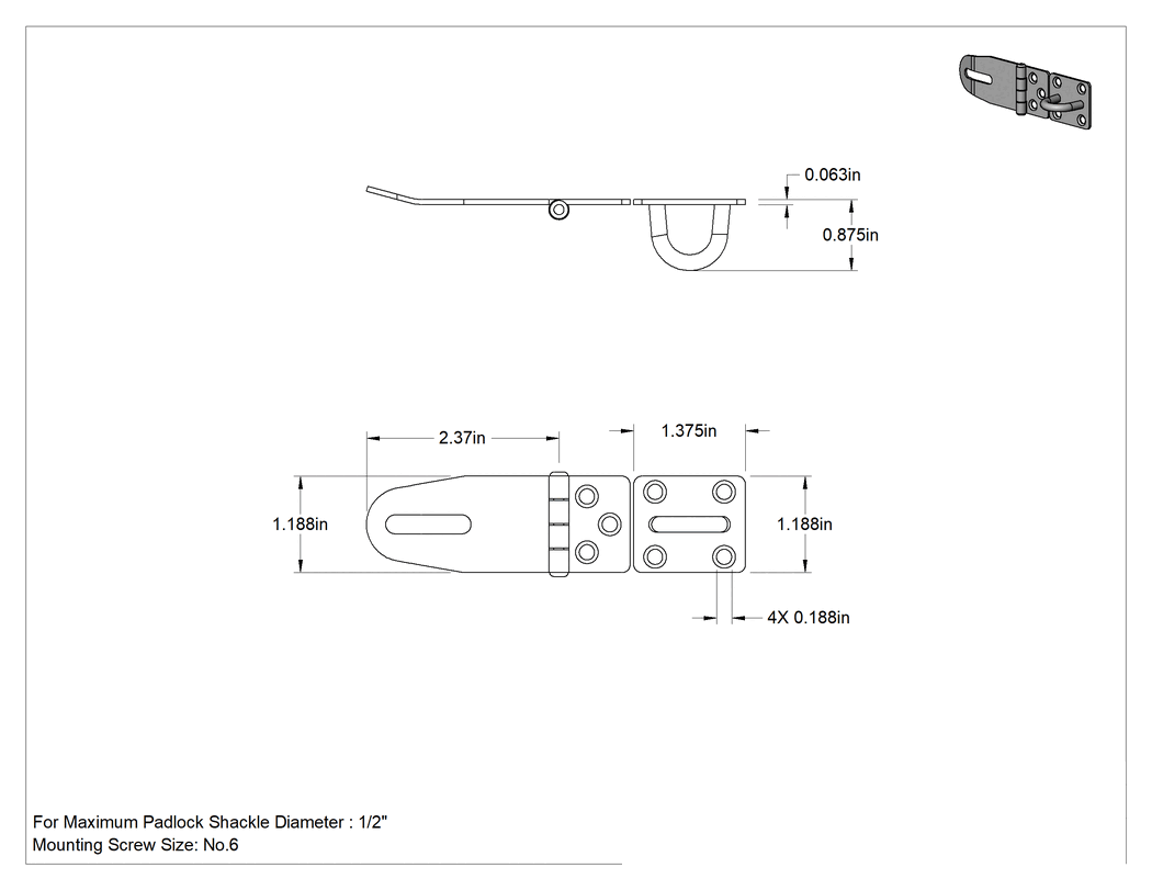 Teknik Çizim - Asma Kilitli Mandal, 2-3/8" x 1-3/16" x 1/16" kollu, 304 Paslanmaz Çelik