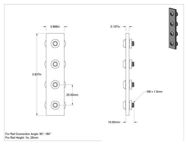 Teknik Çizim - T-Yivli Çerçeve Yapısal Braket, 1" ve 25 mm Yüksekliğinde Ray için Uzatılmış Yüzey Braketi