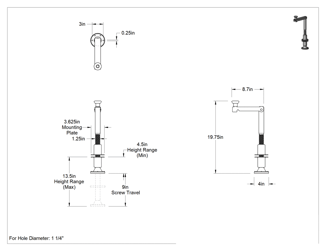 Teknik Çizim - Seviyeleme Krikosu, Delikli Montajlı Yuvarlak Plaka, 4-1/2" ila 13-1/2" Yükseklik
