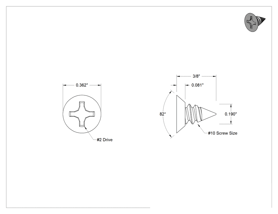 Teknik Çizim - 18-8 Paslanmaz Çelik Metal için Phillips Havşa Başlı Vidalar, 10 Numaralı Boyut, 3/8" Uzunluk