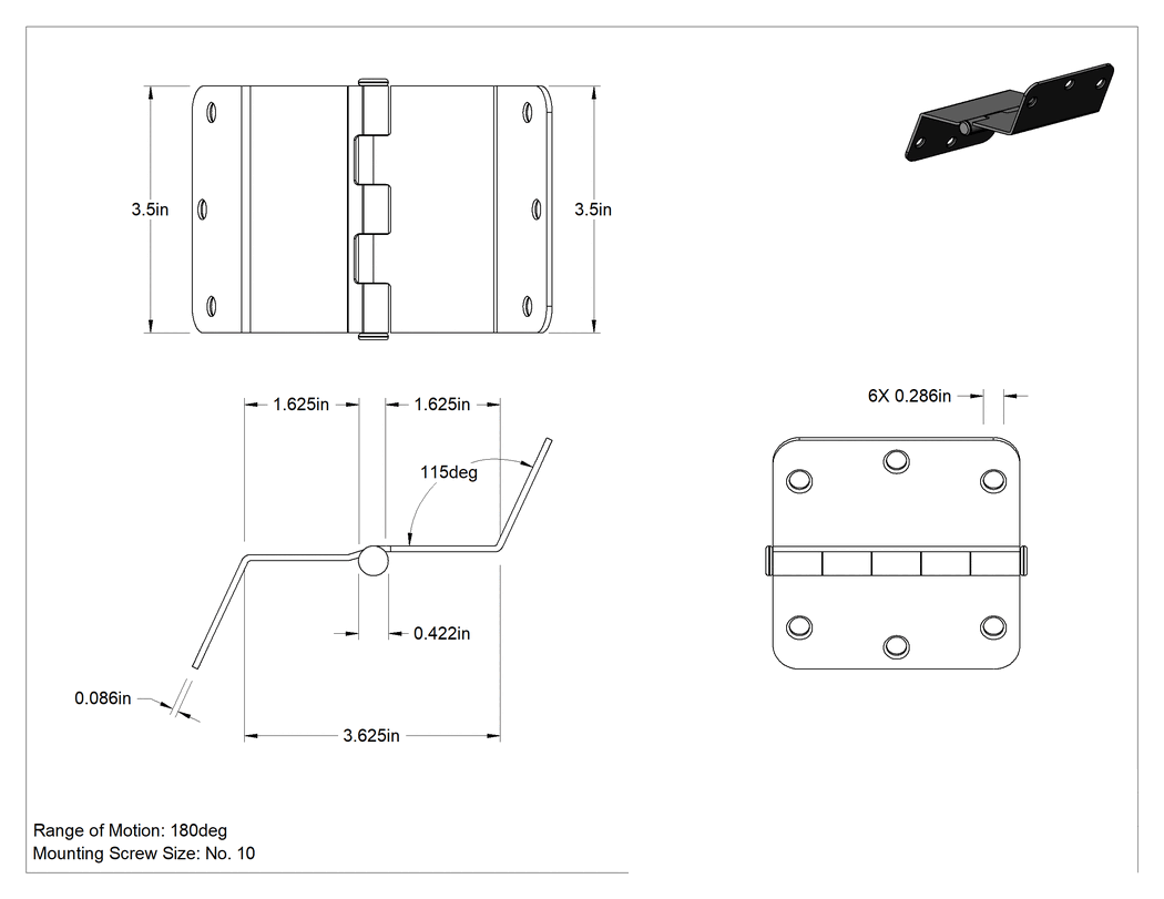 Teknik Çizim - Delikli Ekstra Geniş Gömme Montajlı Menteşe, Nikel Kaplamalı Düşük Karbonlu Çelik, 3-1/2" Yükseklik x 1-5/8" Genişlik Yaprak