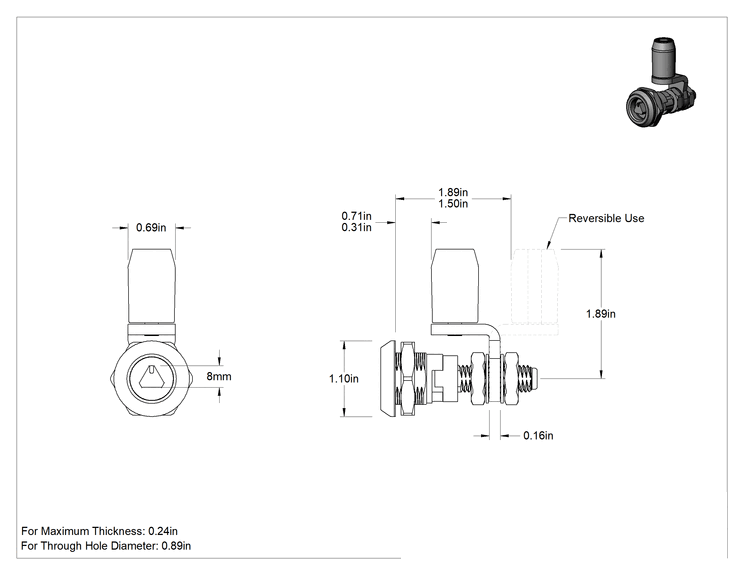 Teknik Çizim - Üçgen Tahrikli Kam Kilidi, Silindir Kam, Krom Kaplama, 1-1/2"-1-7/8" Uzunluğunda Mesafe