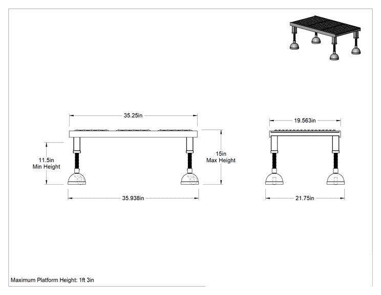 Teknik Çizim - Yuvarlanan Çalışma Platformu, Sarı Toz Boyalı Çelik, 11.5" ila 15" Yükseklik x 36" Toplam Genişlik