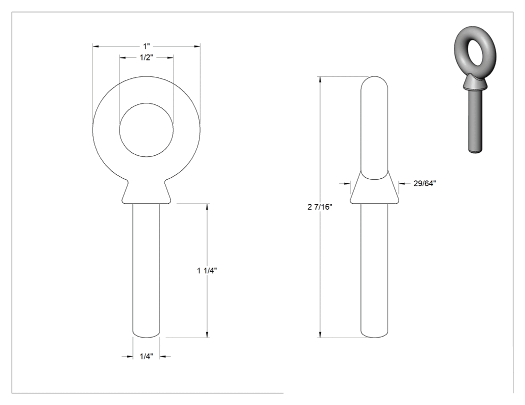 Teknik Çizim - Dişsiz 316 Paslanmaz Çelik Yönlendirme Halka Cıvatası, Kaldırma için Omuz Yuvası, 1/4" Çap x 1-1/4" Uzunlukta Şaft
