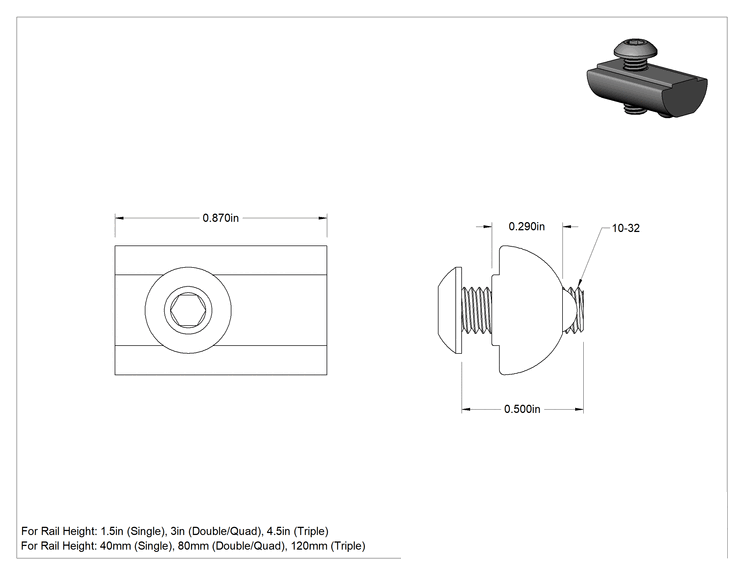 Teknik Çizim - T-Yuvalı Çerçeve Bağlantı Elemanları, Kendiliğinden Hizalanır Somun ve 10-32 x 1/2" Vida 1.5" ve 40 mm Ray