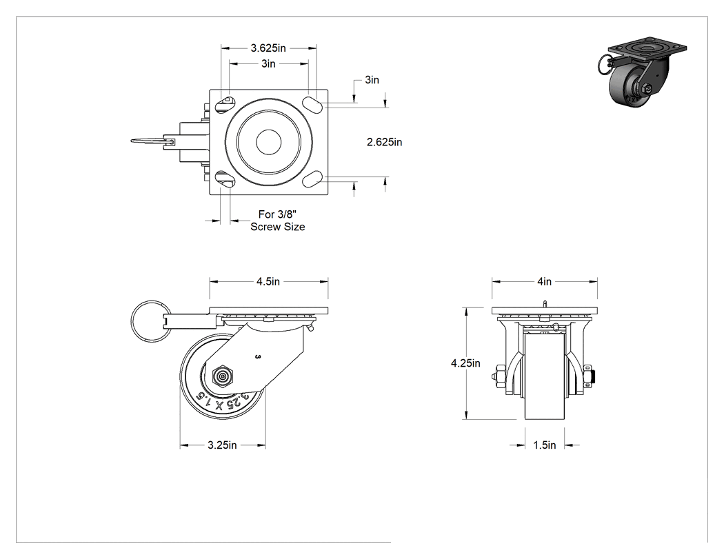 Teknik Çizim - 4-1/2" x 4" Montaj Plakalı Samson Tekerlek, Döner Kilitli ve 3-1/4" Çaplı Metal Tekerlekli Döner