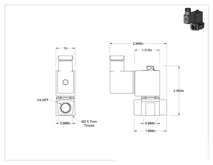 Teknik Çizim - Pirinç Gövdeli Kompakt Solenoid Açma/Kapama Vanası, DIN Bağlantı, Kapalı, 24V AC, 1/4 NPT Dişi, 0.29 Cv