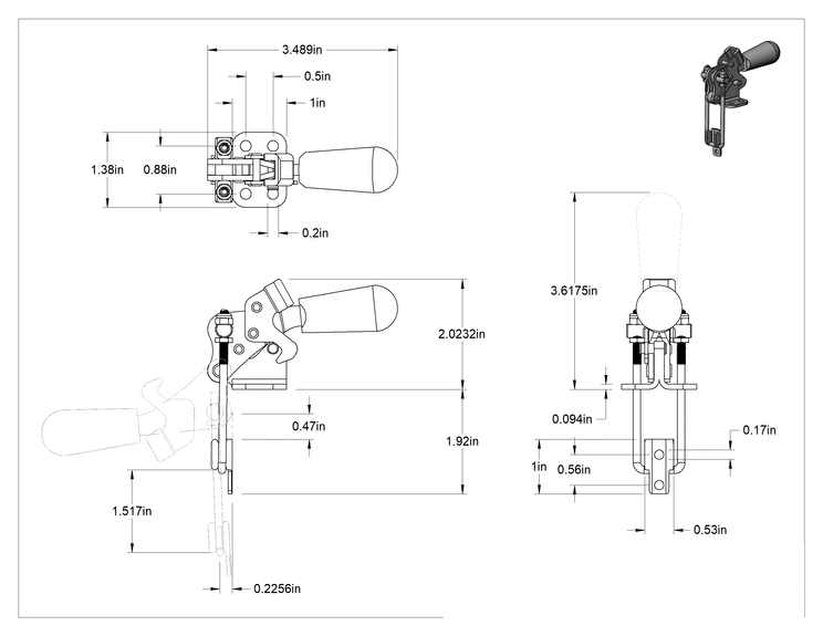 Teknik Çizim - Dik Açı Mandallı Mandal Kelepçe, Kilitlenebilir Tutamak, Çelik, 500 lbs. Kapasite, 3-9/16" Toplam Yükseklik