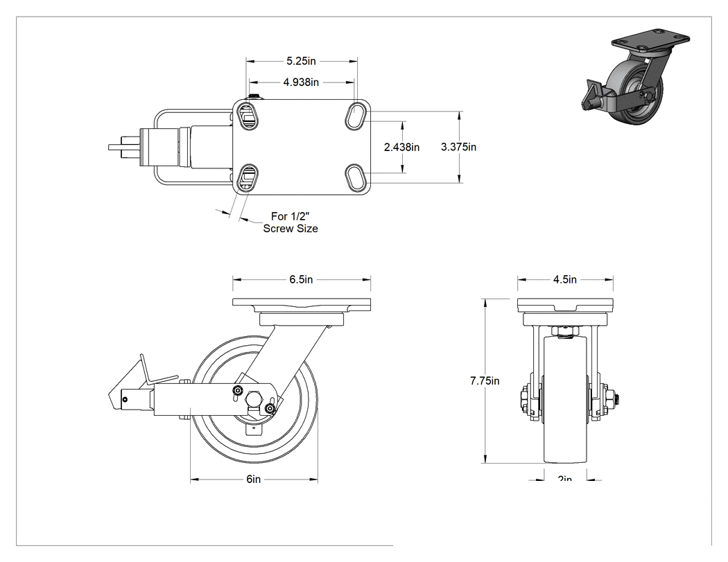 Teknik Çizim - 6-1/2" x 4-1/2" Plakalı Yüksek Kapasiteli Kingston Tekerlek, Frenli Döner Tekerlek ve 6" Çapında Mavi Poliüretan Tekerlek