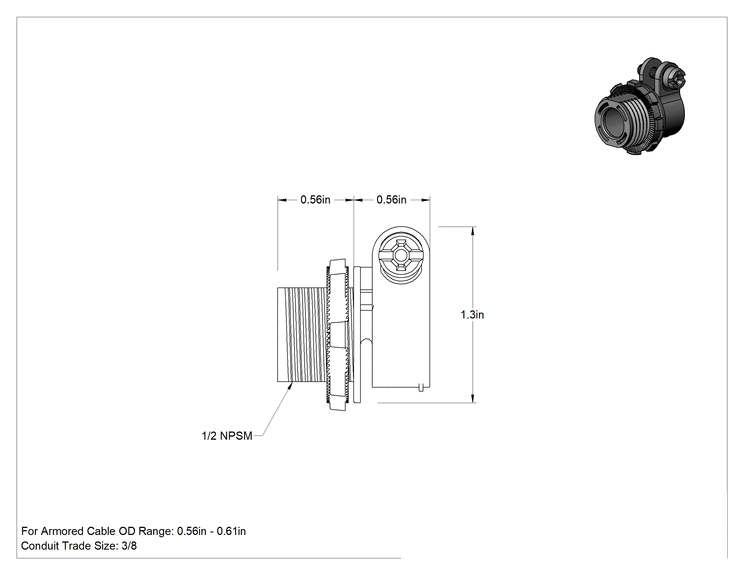 Teknik Çizim - Esnek Metal Kanal için Çinko Adaptör, &Zırhlı Kablo, Düz, 3/8 Kanal, 1/2 NPSM Erkek