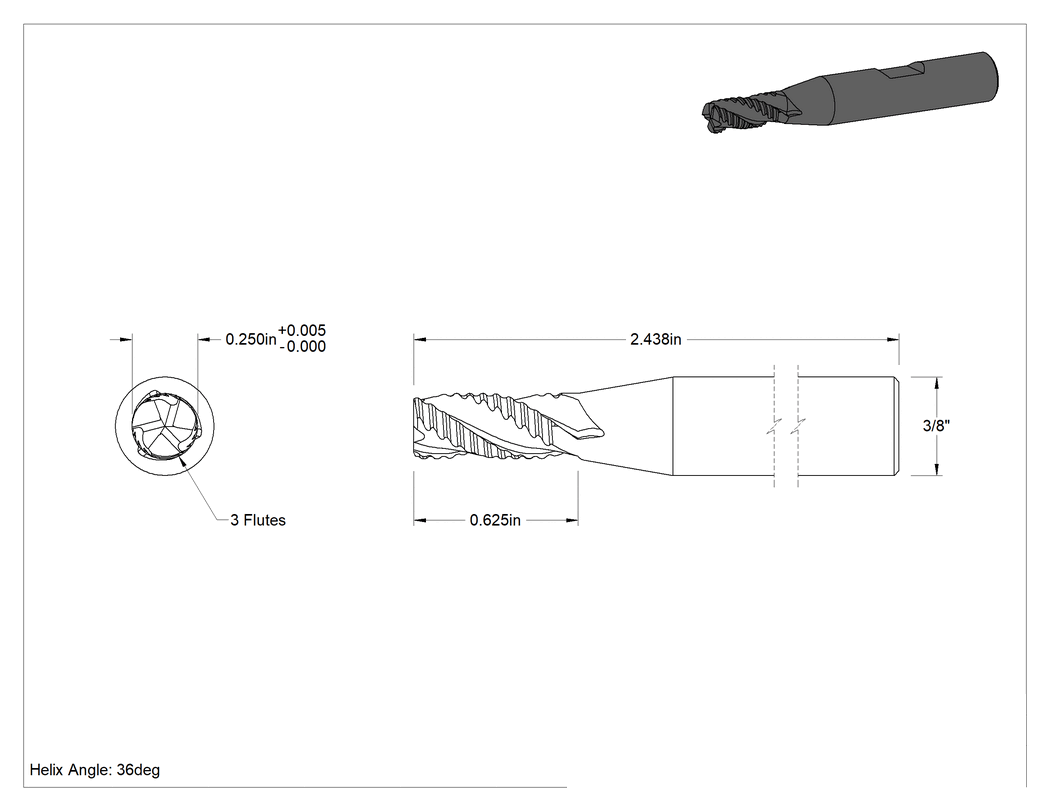 Teknik Çizim - Alüminyum için Kaba Kobalt Çelik Kare Uçlu Freze, Pirinç, ve Bronz, 1/4" Freze Çapı, 2-7/16" Toplam Uzunluk