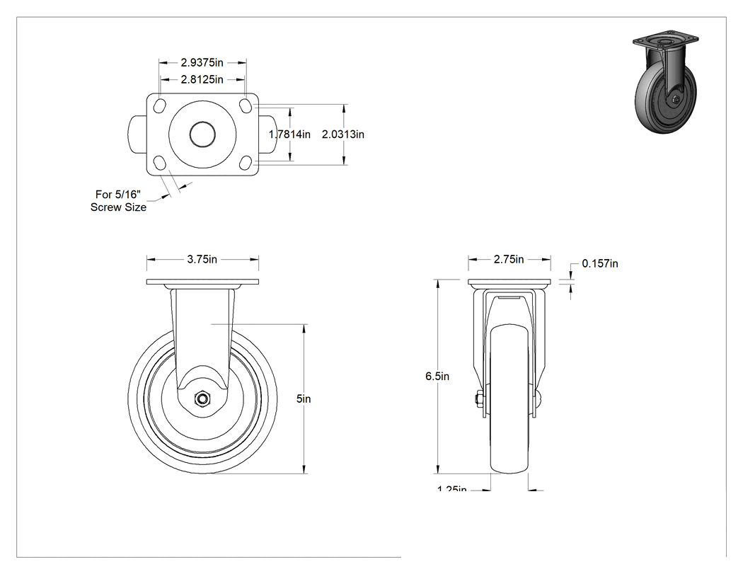 Teknik Çizim - 3-3/4" x 2-3/4" Plakalı Statik Kontrol Tekerlek, 5" x 1-1/4" Siyah Tread-on-Core Kauçuk Tekerlekli Sert