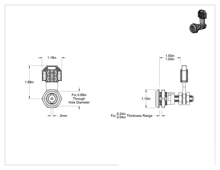 Teknik Çizim - Elektronik Durum Göstergeli Kam Kilidi, İki Yönlü Tahrik, Krom Kaplı Çinko, Üst Mıknatıs, 3 mm Anahtar Boyutu